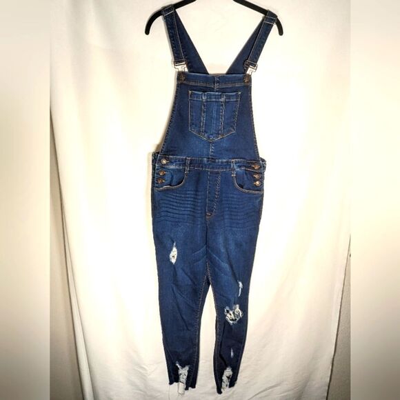 Forever 21 Los Angeles Distressed Denim Overalls Size 26 - Picture 1 of 8